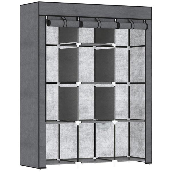 Dark grey fabric wardrobe organizer with hanging rail and multiple shelves