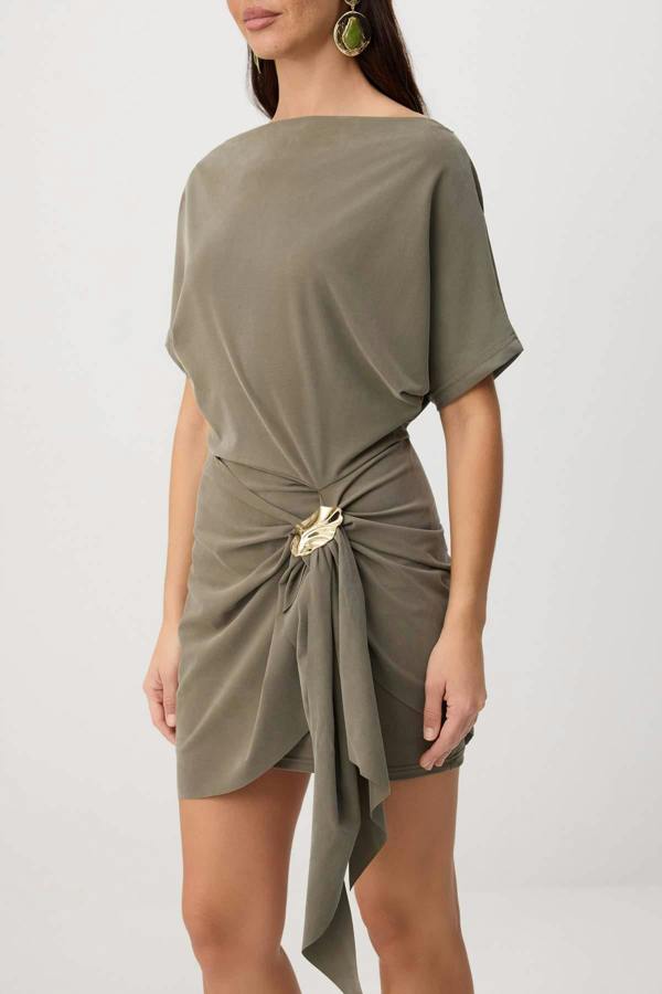 Premium Lyocell Boat Neck Drop Shoulder A-Line Mini Dress