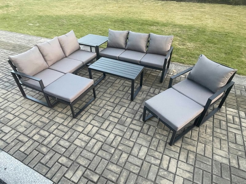 Fimous Dark Grey Aluminium 9 Seater Outdoor Lounge Set - Armchair, 2 Big Footstools & Side Table
