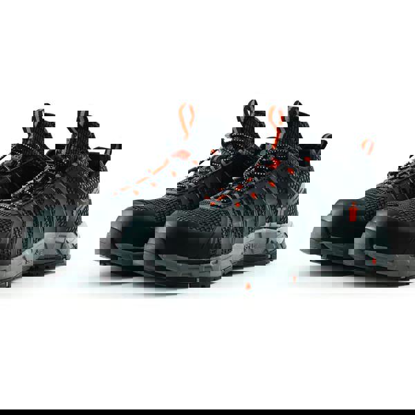 Scruffs Argon Mens Safety Bungee Lace Lightweight Composite Trainers, black and orange safety shoes with durable mesh upper, slip-resistant sole, and elastic bungee lacing system for secure fit.