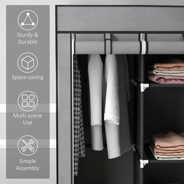 Dark grey fabric closet frame with hanging rail and durable connector joints