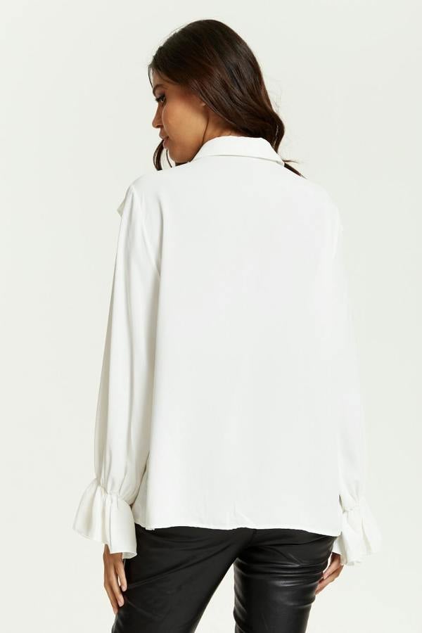 Hoxton Gal Oversized Frilled Front Shirt with Detailed Cuffs in White