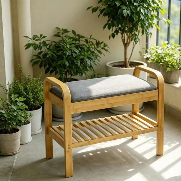 Gr8 Home Bamboo Shoe Rack Bench with Cushion Seat 2 Tier Hallway Storage Shelf