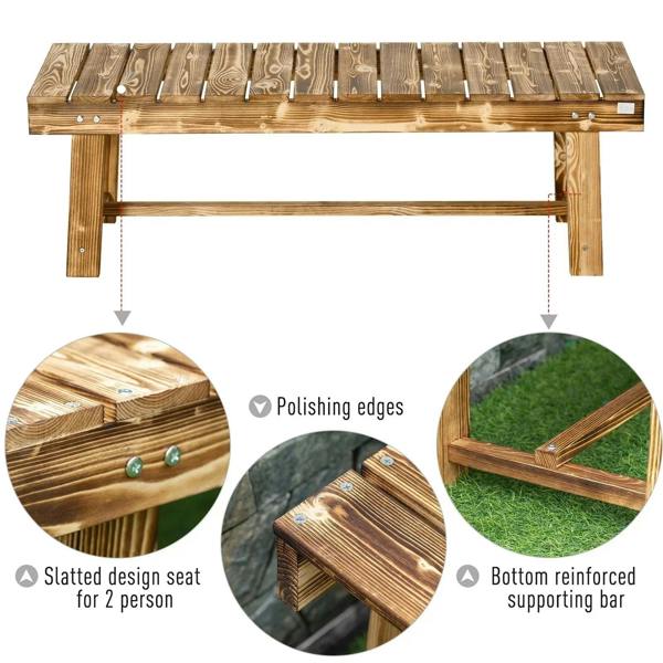 2-seater wooden bench seat with slats, polished edges, and visible metal screws