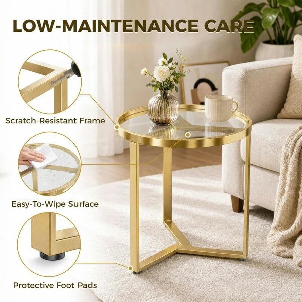 Round Side Table with Tempered Glass Top and Geometric Metal Frame for Small Space, Gold Tone