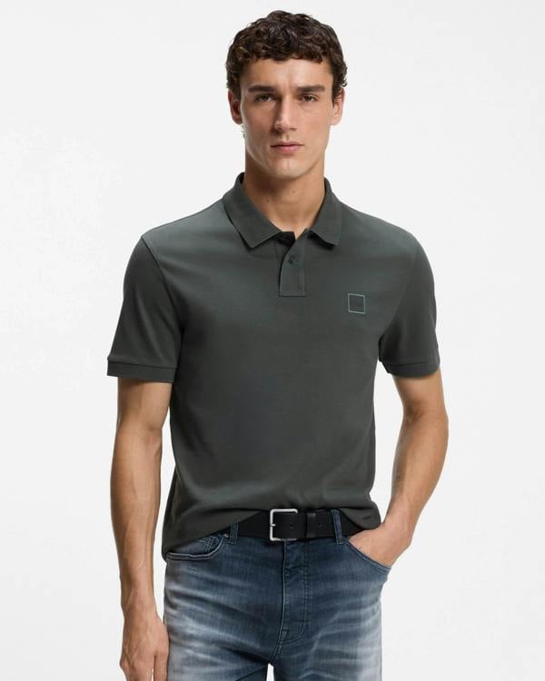 BOSS Orange Passenger Mens Stretch - Cotton Slim - Fit Polo Shirt with Logo Patch - Open Green 377 | CHO | Designer Mens Short Sleeve Polo Shirts
