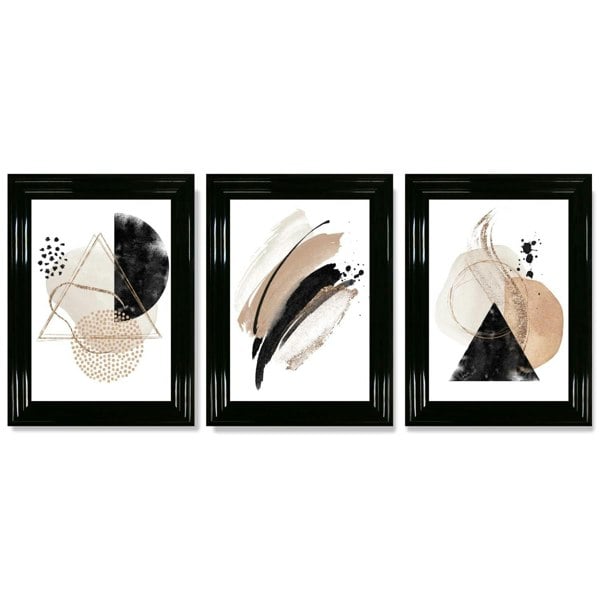 Artze Wall Art Abstract Black Beige Set of 3 Watercolour Shapes Framed Wall Art