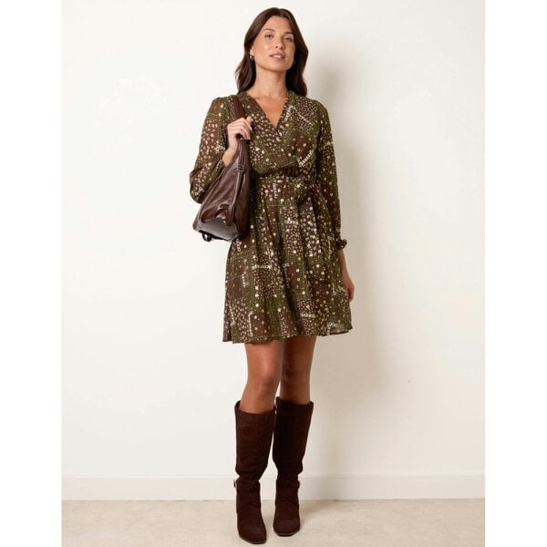 Blue Vanilla Patchwork Wrap Long Sleeve Dress