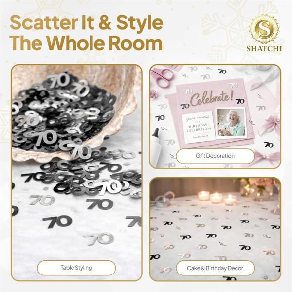 70th Birthday Black and Silver Metallic Confetti Decoration Set for Table Styling image 7