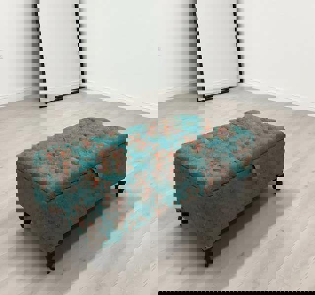 ISTOOLS Teal Blue Floral Chenille Footstool with Plush Cushion - ISTOOLS 