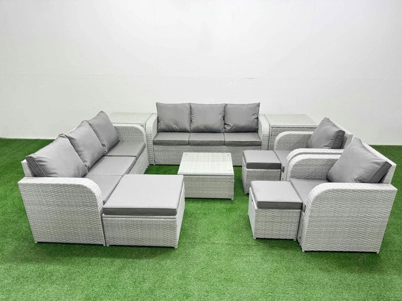 Fimous PE Rattan High Back Lounge Sofa Set Patio Square Coffee Table & Chairs Set with 3 Seater Sofa Reclining Chair 3 Stools 2 Side Table Light Grey