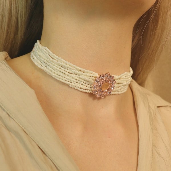 The Colourful Aura Multi Strand White Pearl Rose Gold Zircon Stone Victorian Choker set