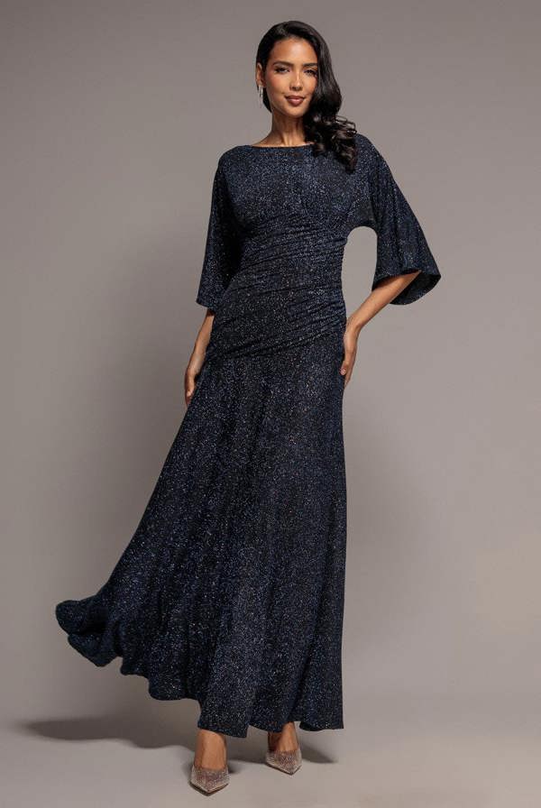 Lurex Kimono Sleeve Gathered Waist Maxi Dress - Navy Blue DR5196