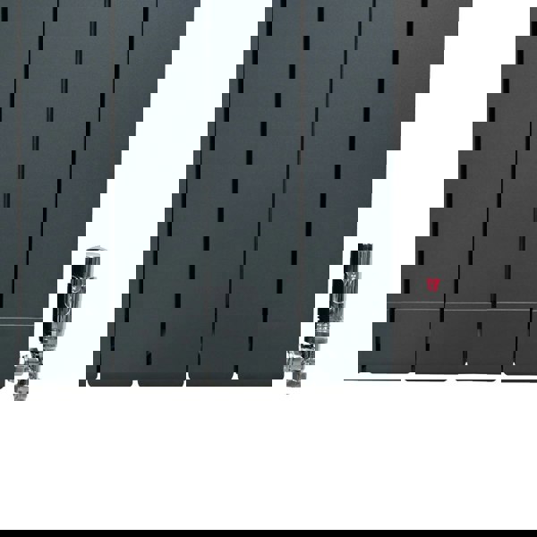 Anthracite grey aluminium radiator with sleek vertical panels and chrome valve, measuring 1800mm x 315mm, ideal for modern interiors