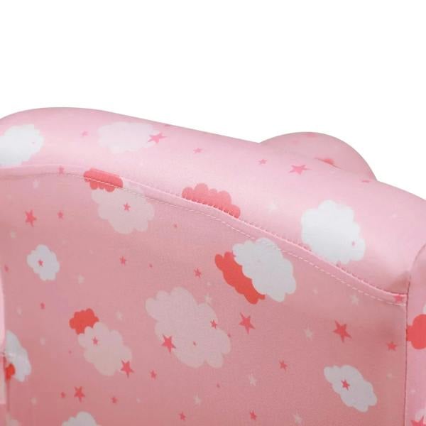 Pink cloud-pattern padded armchair fabric with stitched seam close-up