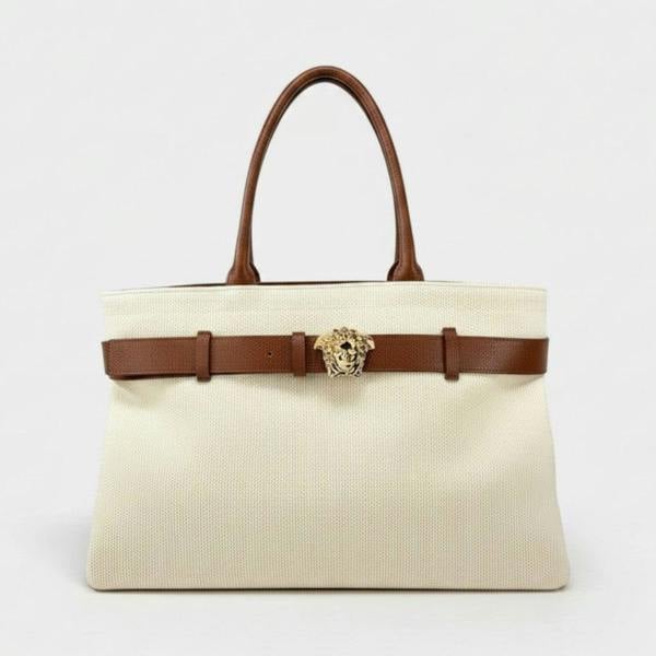 Versace Medusa Head Large Canvas Belt Tote Bag Beige
