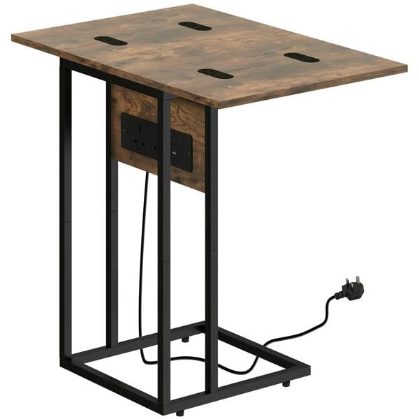 C-shaped side table in rustic brown with foldable top and built-in charging outlet