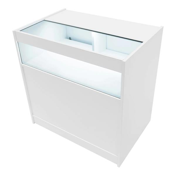 White Hyperion LED shop counter set featuring a sleek design, glass display top, and illuminated interior for showcasing products