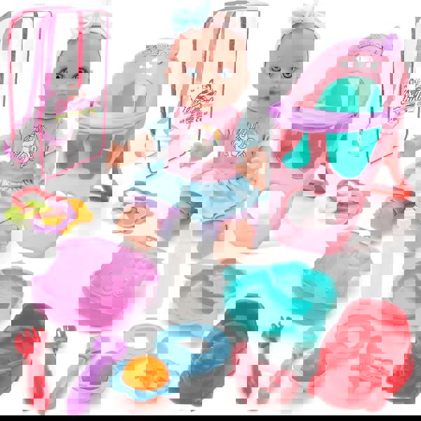 deAO 12" Baby Doll Backpack Playset - Pretend Feeding Set with Doll, Mini High Chair, Accessories & Travel Bag