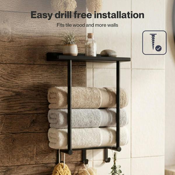 Levede Towel Rack Wall Mounted Shelf Bathroom Storage Holder with Hooks Black