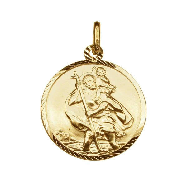 Christopher James of London 9ct Yellow Gold Plated Diamond Cut 20mm St Christopher Pendant With Optional Engraving and Chain