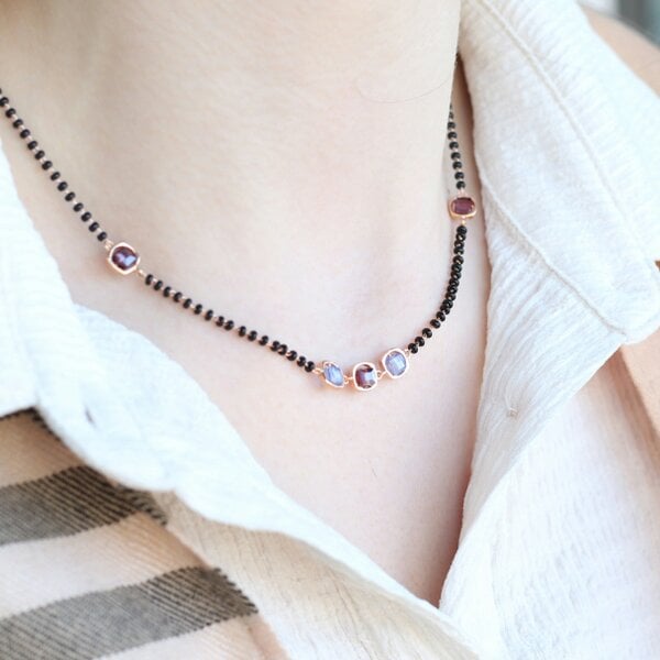 The Colourful Aura Black bead 18ct gold plated blue stone slim mangalsutra Pendant Necklace