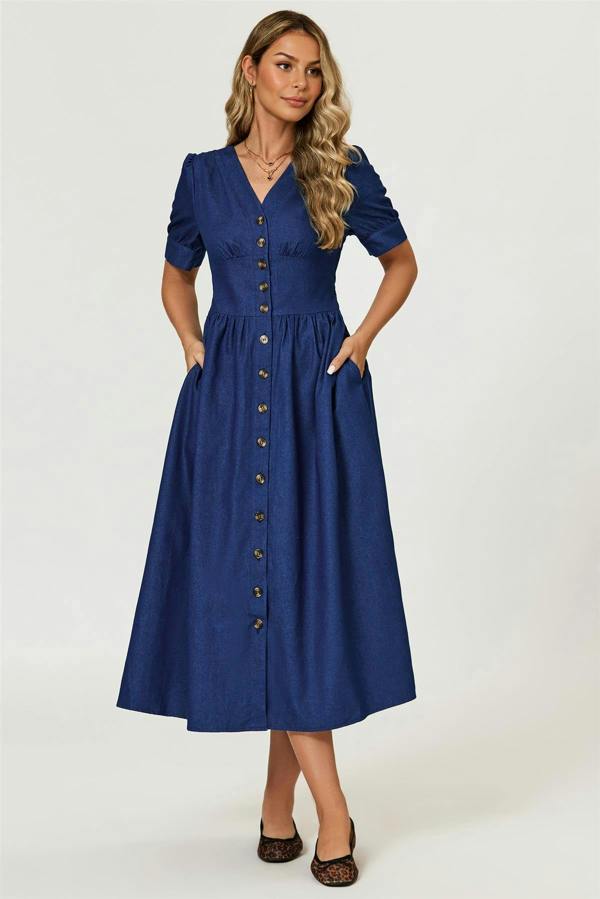 FS Collection Denim Midi Dress In Blue
