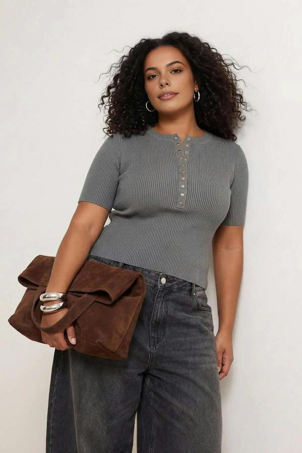 WOVCOR Snap Button Detail Ribbed Summer Knit Blouse
