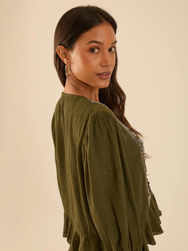 Rose & Nancy Hailey Khaki Frill Mirror Embellished Blouse