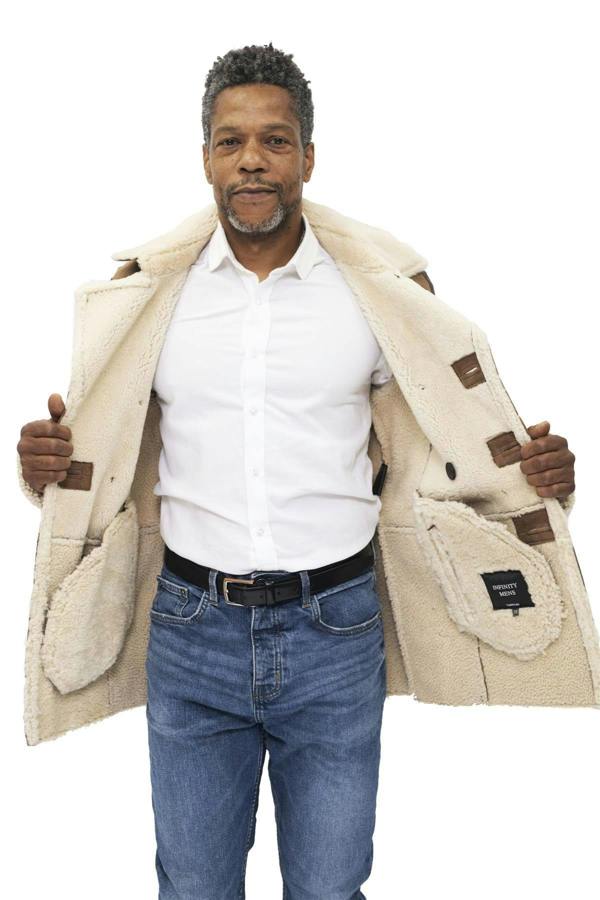 Infinity Leather Mens Double Breasted Shearling Sheepskin Pea Coat-Kington