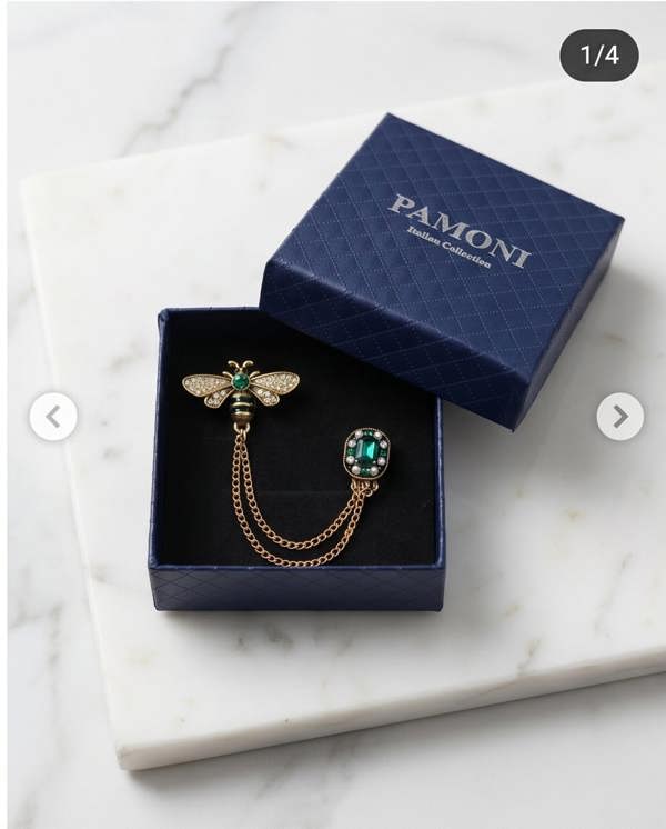 Pamoni Dapper Bee & Emerald Lapel Chain Brooch
