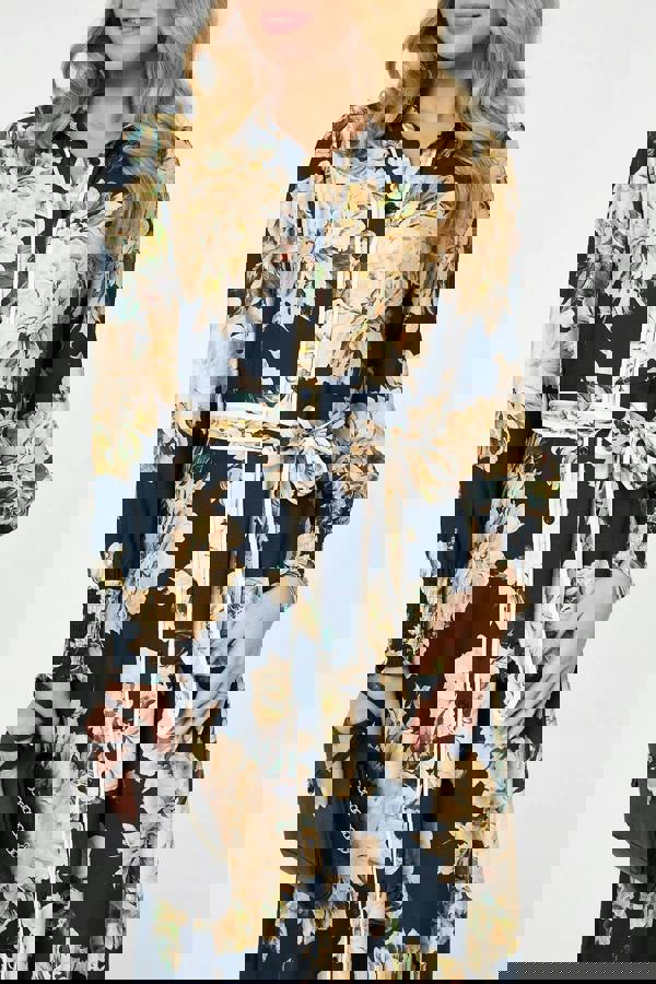 Navy | Floral Print Tie Waist Midi Shirt Dress