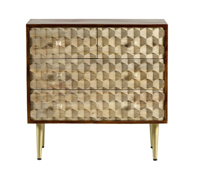 Wyld Haus Beijing Mango Wood Chest with 4 Drawers Gold Geometric Pattern