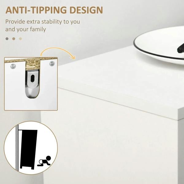White cabinet anti-tipping bracket hardware near the top corner