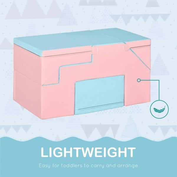 Pink and blue foam play climber with front window and top platform