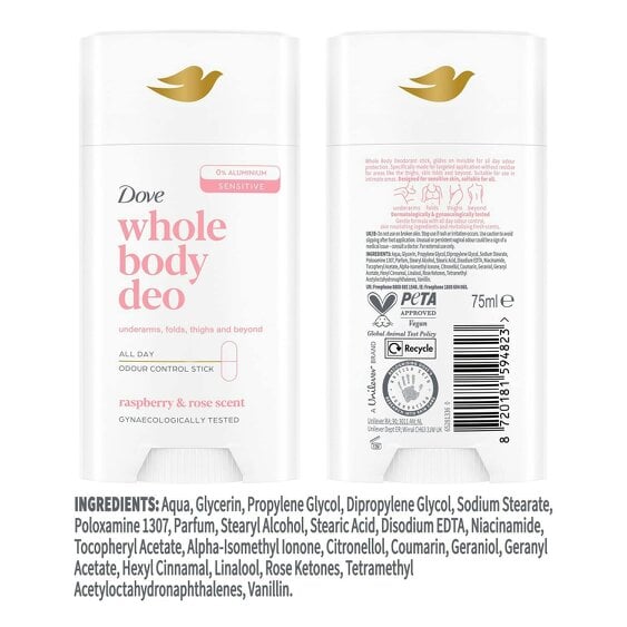 Dove Whole Body Deodorant Stick Long Lasting Fresh Raspberry & Rose, 75ml