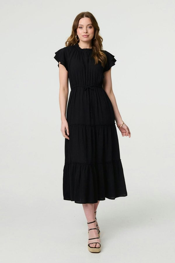 Black | Ruched Tiered Cap Sleeve Midi Dress
