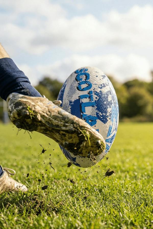 Muddy boot kicking a white and blue Optimum Scotland rugby ball, spraying turf, on a pitch - Optimum