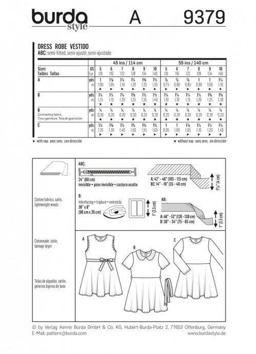 Burda Sewing Pattern 9379 Belts and Dresses For Kids, 5 to 10 - Easy