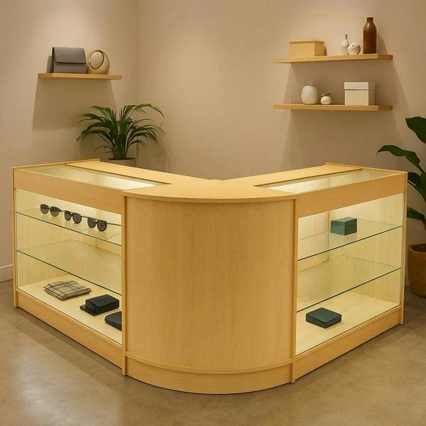 Helios LED Shop Counter Set CM60 in maple wood with glass shelves, showcasing products in a modern retail space with warm lighting