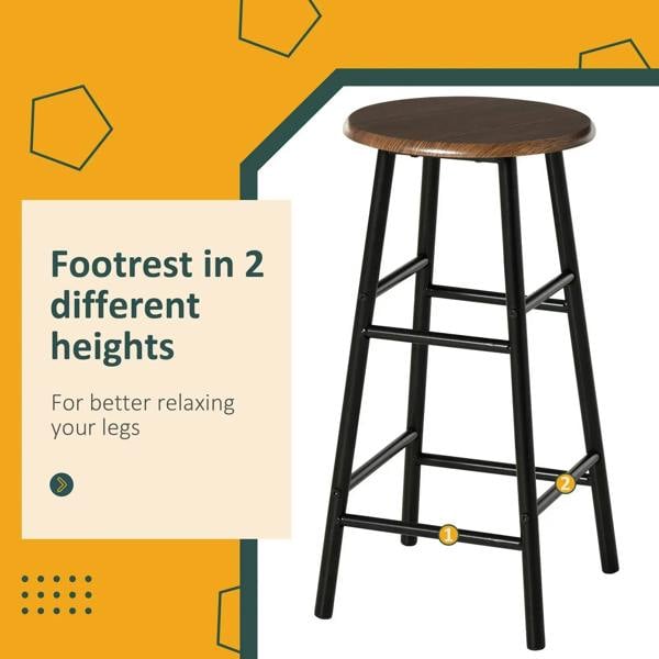 Black bar stool with dark wood round seat and two-position footrest rails.