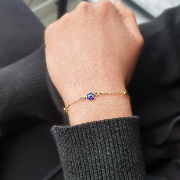 Gold Plated Beaded Blue Evil Eye Protection Bracelet