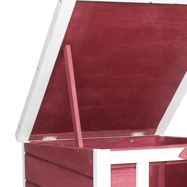 Red wooden rabbit hutch open roof showing inner frame and hardware