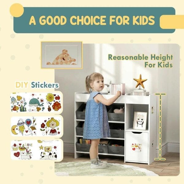 Bobobiy Kids Toy Storage, 9 Removable Fabric Bins, Wooden Toy Storage Units for Toys and Books for Bedroom, Nursery, White