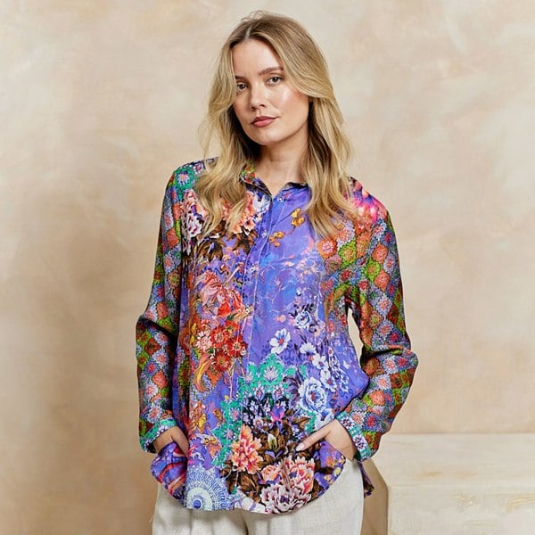 ANGELEYE Deluxe Luxurious Viscose Silk Long Sleeve Shirt In Premium Garden Print - Purple