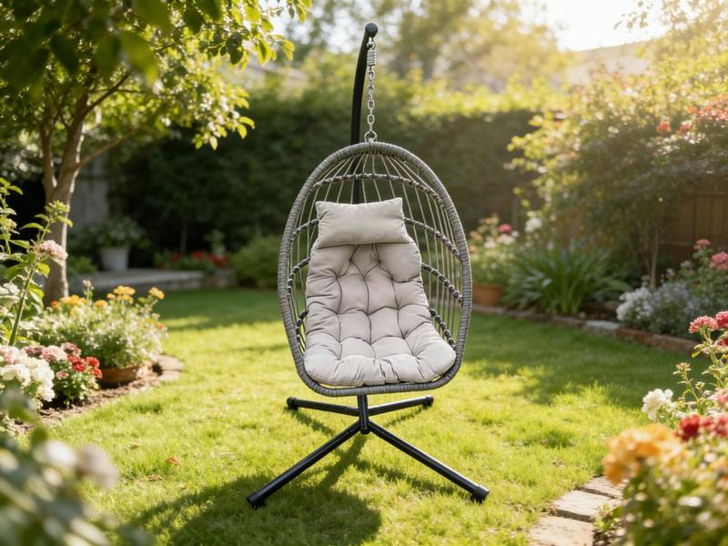 Fimous Indoor Outdoor Patio Rattan Single Egg Hanging Chair Garden With Grey Thick Cushion