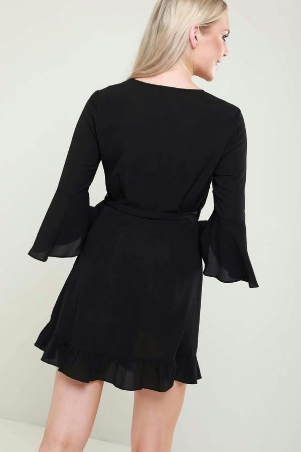 Urban Bliss Nicole Black Wrap Flute Sleeve Embroidered Mini Dress