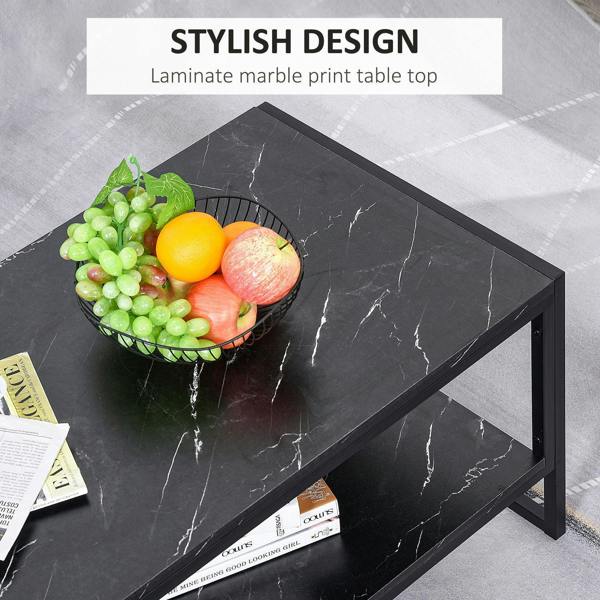 Black faux marble effect coffee table top with two-tier metal frame and open lower shelf