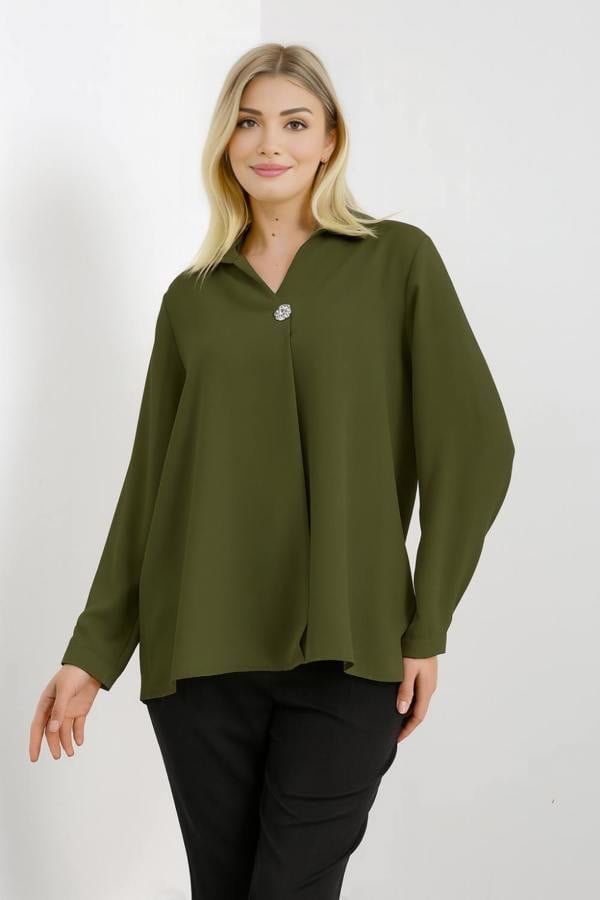 Hoxton Gal Oversized Long Sleeves Blouse with Brooch Details in Khaki