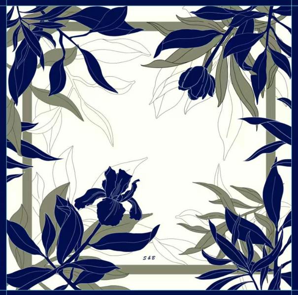 Navy Botanical Twill Silk Scarf – Printed Mulberry Silk, Office Wrap & Gift